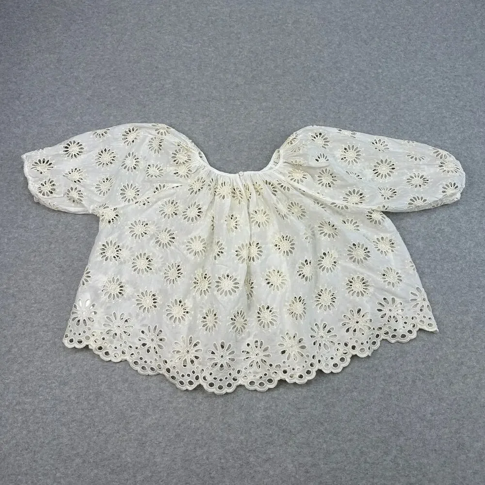 Madewell Embroidered Shirred Puff-Sleeve Top WMNS XS Cream Floral Eyelet Swingy